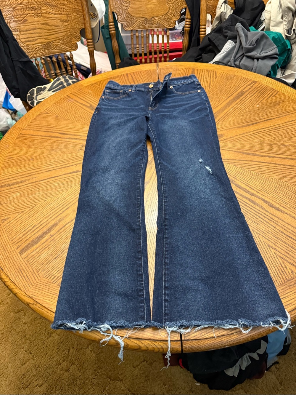 Express Dark Blue Flared Jeans with Raw Hem